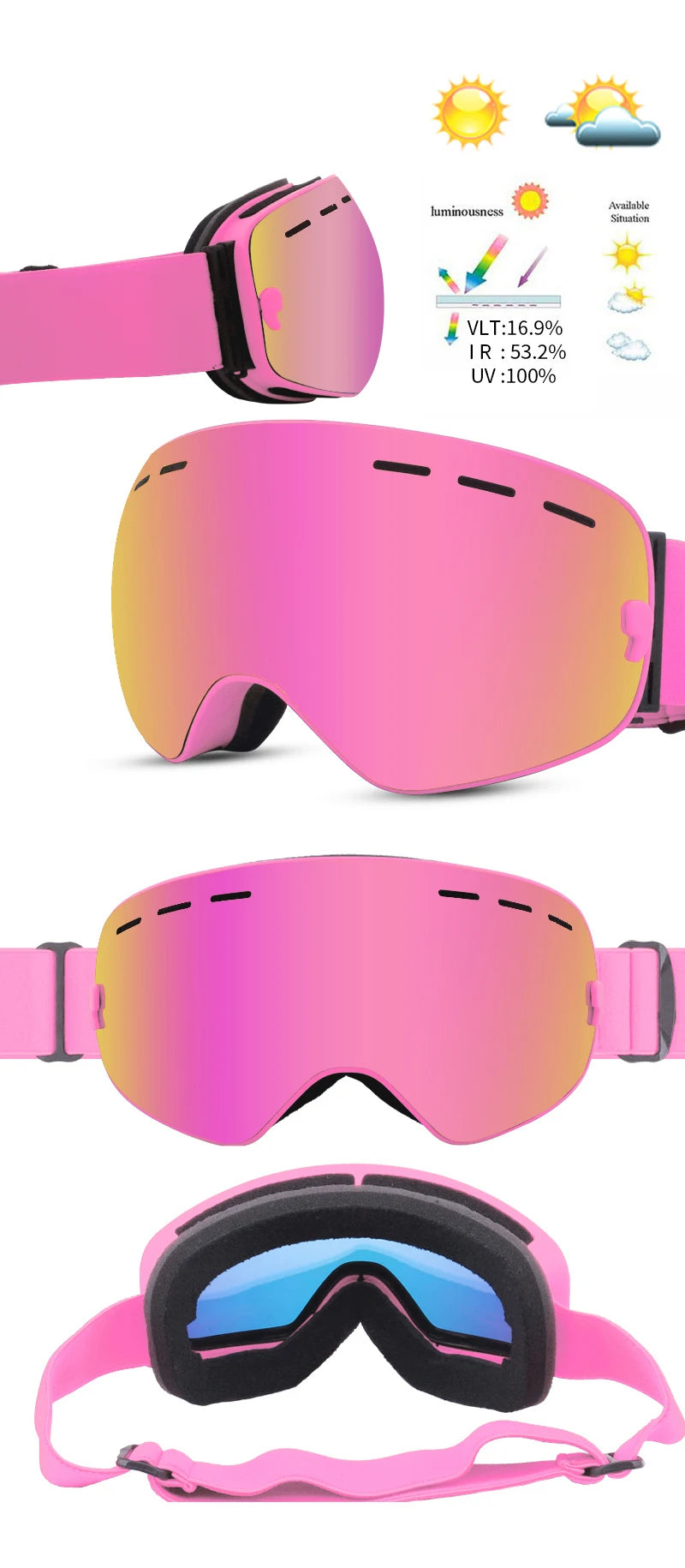 PHMAX Ski Goggles Men Snowboard Glasses Women Winter Outdoor Snow Sunglasses UV400 Double Layers Lens Anti-Fog Skiing Goggles