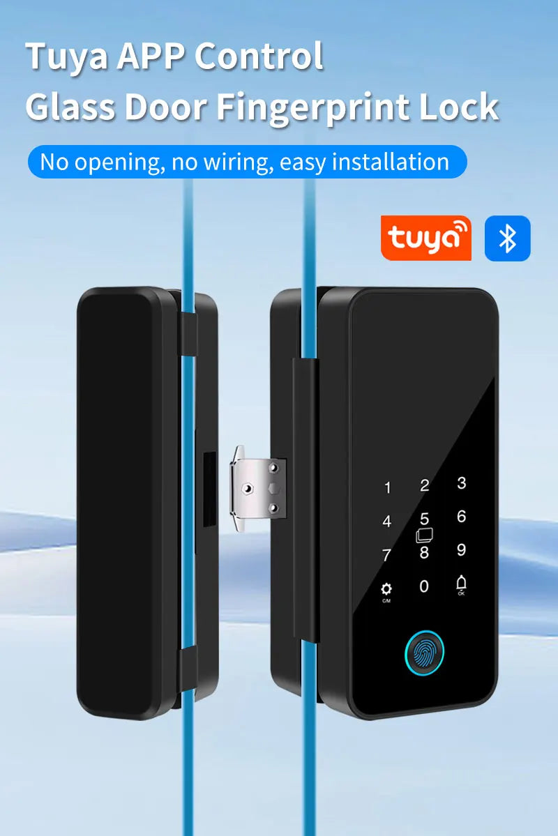 Tuya APP Glass Door Fingerprint Lock Bluetooth Smart Biometric Electronic Office Glass Door Lock 13.56Mhz RFID IC Keyless Unlock