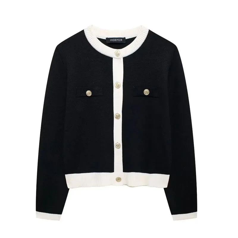 TRAFZA Autumn Fashion Women Sweater Coats Solid O-Neck Long Sleeves Pockets Buttons Single Breasted Female Casual Knitted Coat
