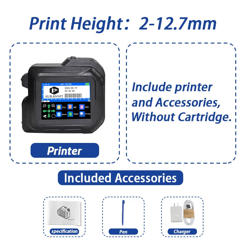EURANNIT E98 0.5Inch Portable Mini Printer 2.8inch Touchscreen Inkjet Printer Expire Date QR Barcode Logo Label Printing Machine