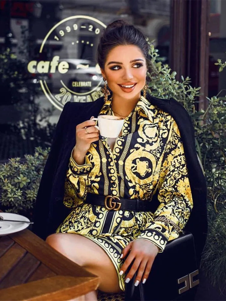 Elegant Printed Shirt Dress Women Vintage Long Sleeve Party Dress Mini Short Autumn Dresses Streetwear Winter Clothing Women