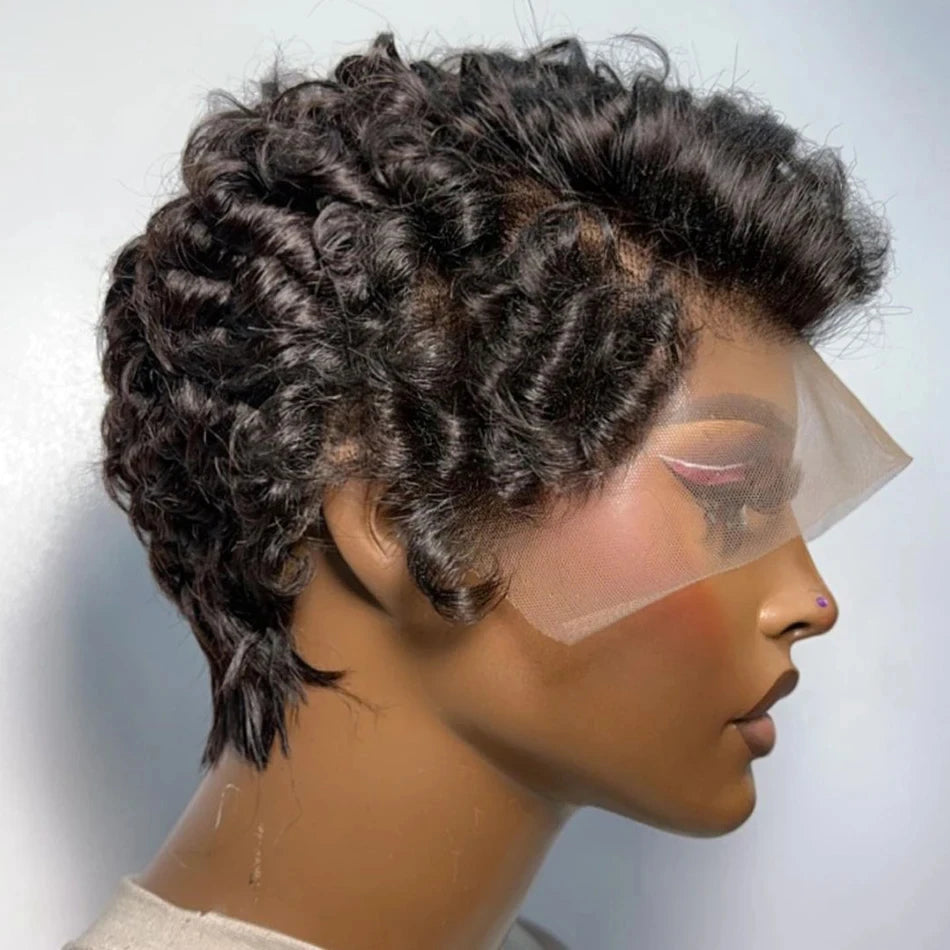 Pixie Cut Wig Short Curly Lace Front Human Hair Wigs For Black Women Raw Indian Finger Wave 13x4 Transparent Lace Frontal Wigs