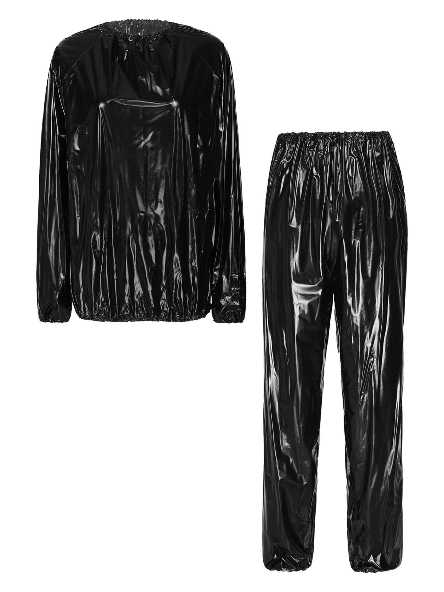 2Pcs Women Sauna Suit PVC Long Sleeve Elastic Cuff Top Pants Set Fitness Gym Workout Outfit Sweat Suits for Adults Clothes Sets