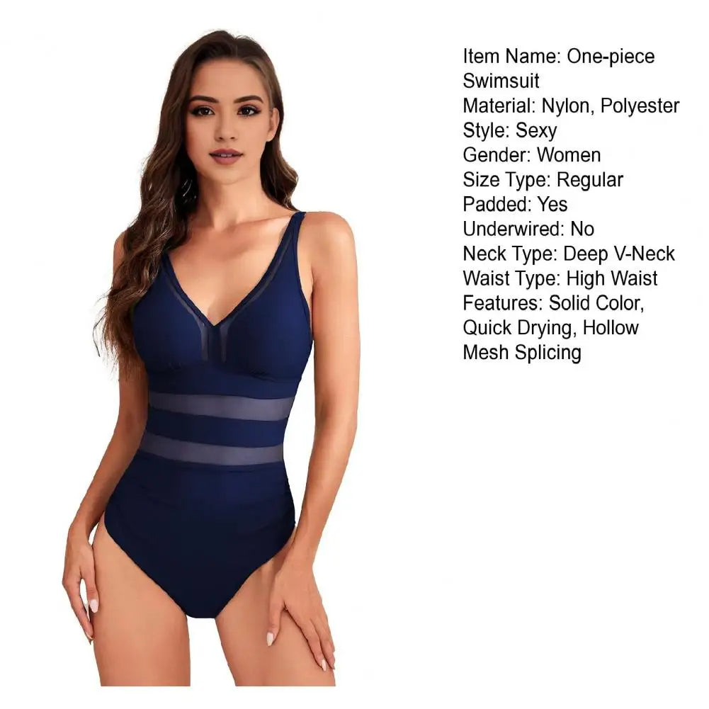 Hollow Mesh Splicing Monokini Swimsuit Stylish Women's Mesh Splicing One-piece Swimsuit Tummy Control V-neck Monokinis Beachwear