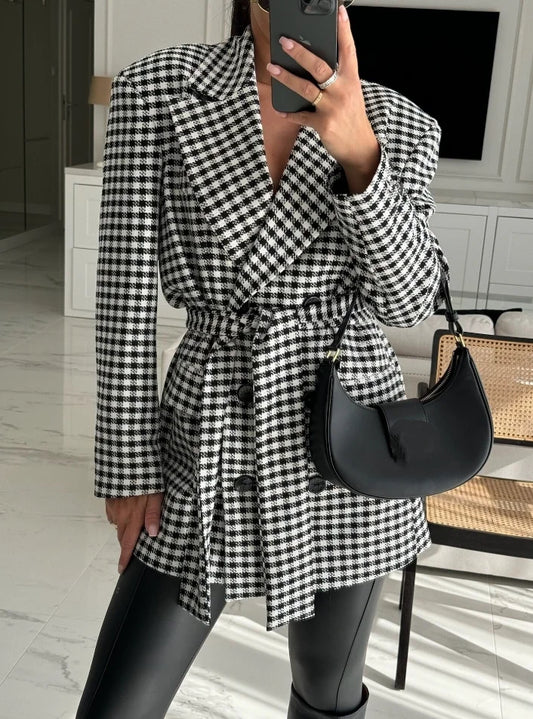 Women's Blazer Autumn Fashion Houndstooth Double-Breasted Lace-Up Elegant Temperament Notch Collar Long Sleeved Blazer