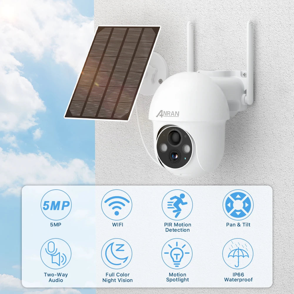 ANRAN 5MP 2K Solar Camera Rechargeable Battery PIR Humanoid Detection Outdoor PTZ Wireless WIFI Camera Full Color Night Vision