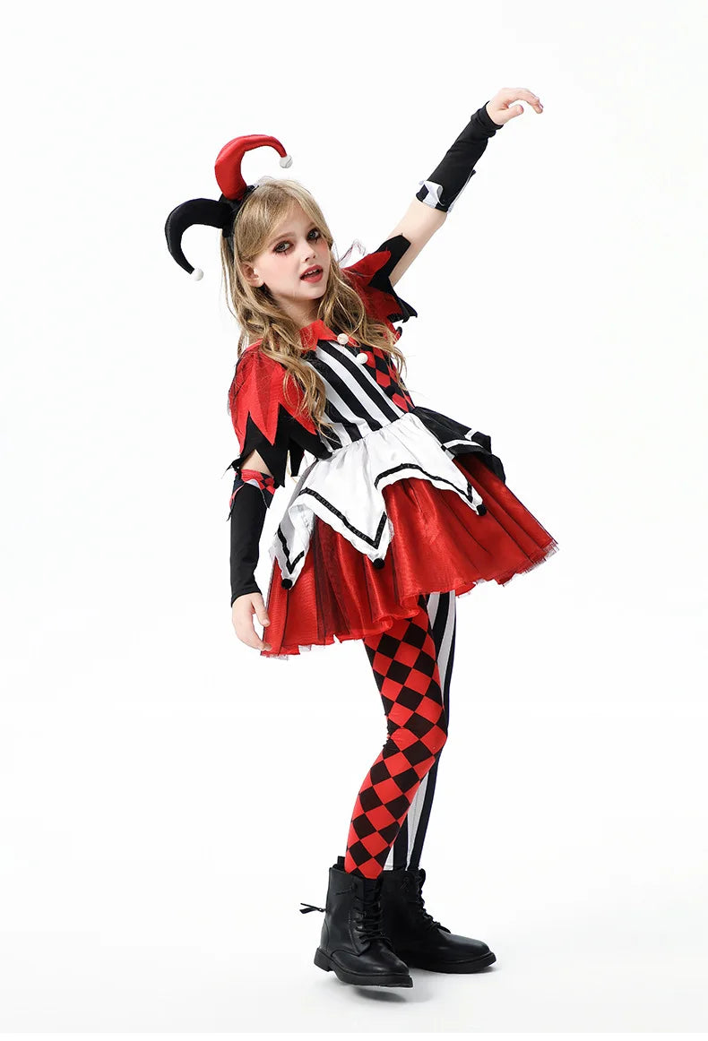 Naughty Girls Clown Costume Kids Circus Scary Tutu Dress Halloween Cosplay Costumes Carnival Party Jester Dress Up Full Set
