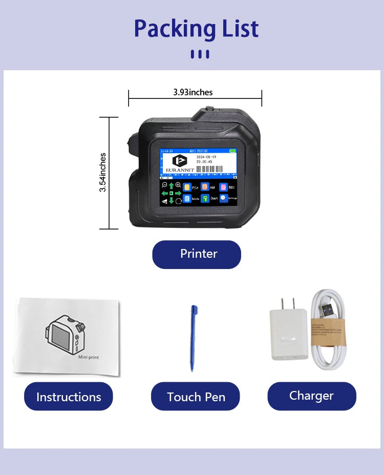 EURANNIT E98 0.5Inch Portable Mini Printer 2.8inch Touchscreen Inkjet Printer Expire Date QR Barcode Logo Label Printing Machine