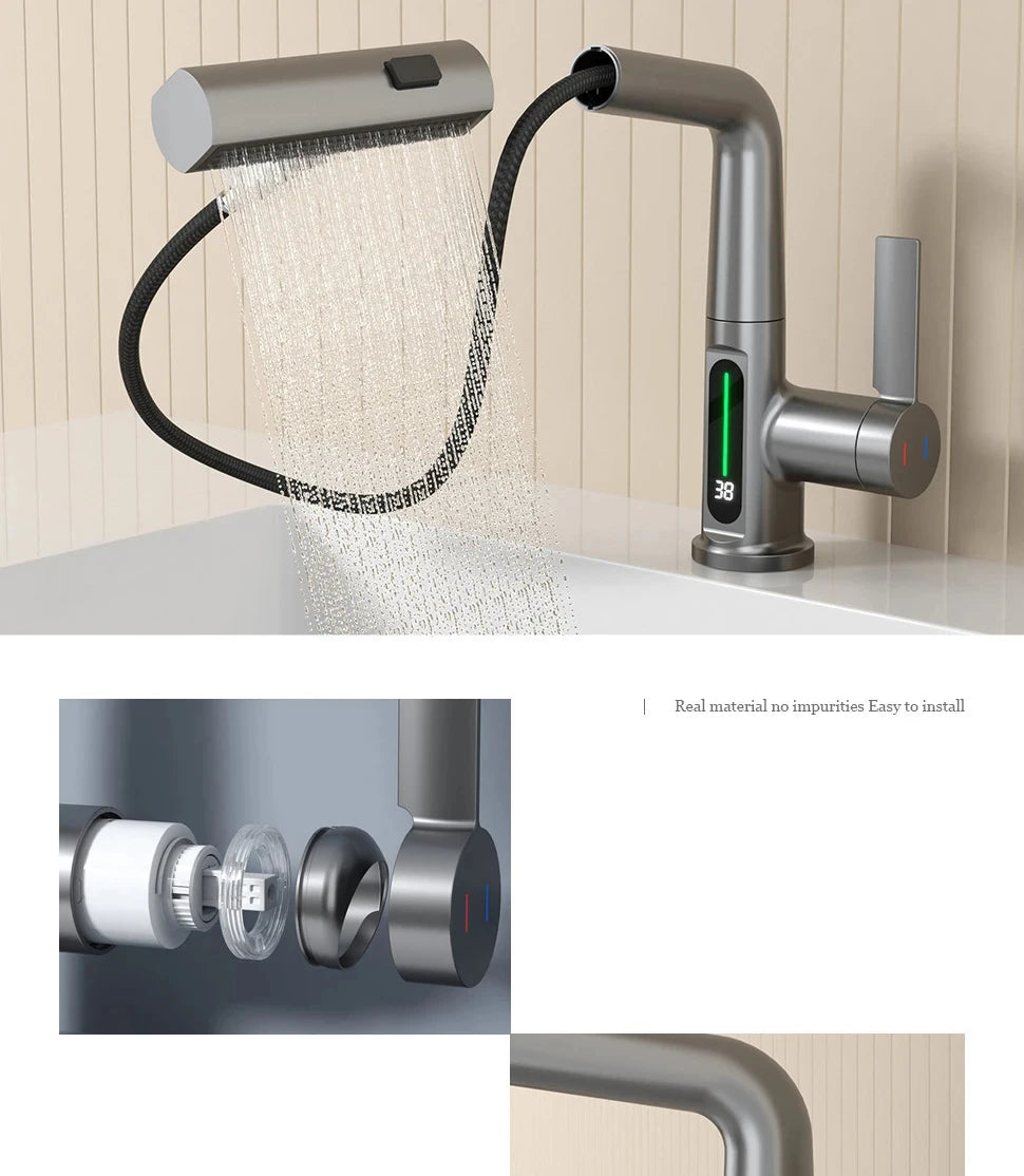 Waterfall Temperature Digital Display Basin Faucet Lift Up Down Stream Sprayer Hot Cold Water Sink Mixer Wash Tap For Bathroom