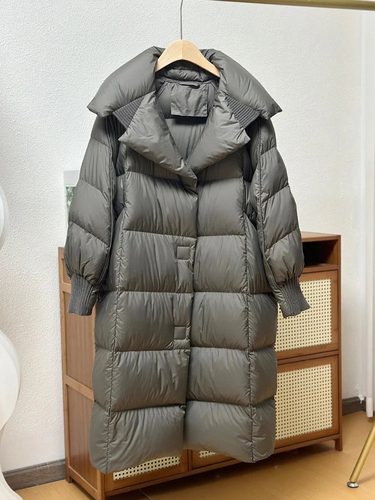 Schinteon Women White Duck Down Long Jacket Autumn Winter Warm Casual Over Size Loose Outwear Soft Comfortable Fashion Coat New