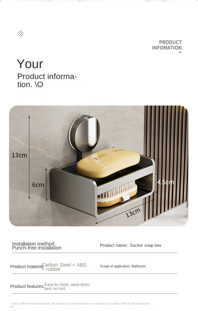 No-Drill Bathroom Soap Holder - Suction Cup Wall Mount Organizer Double Drainage, Holds Soap & Sponge, Space-Saving Storage Rack