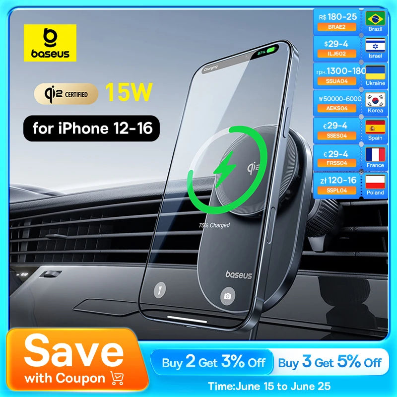 Baseus Qi2 15W Car Magnetic Wireless Charger For iPhone 16 15 14 Fast Charging For Samsung Xiaomi Car Phone Holder Cooling Fan
