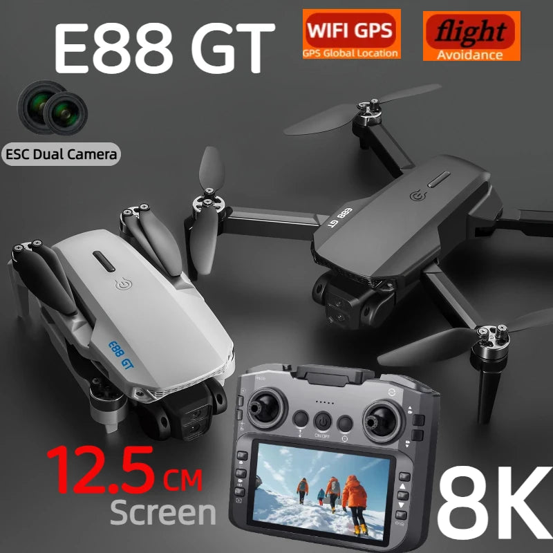 E88GT Drone 8K Professional HD 360° Dual Camera 12.5cm Screen Remote Control Brushless Motors Obstacle Avoidance Quadcopte 2025