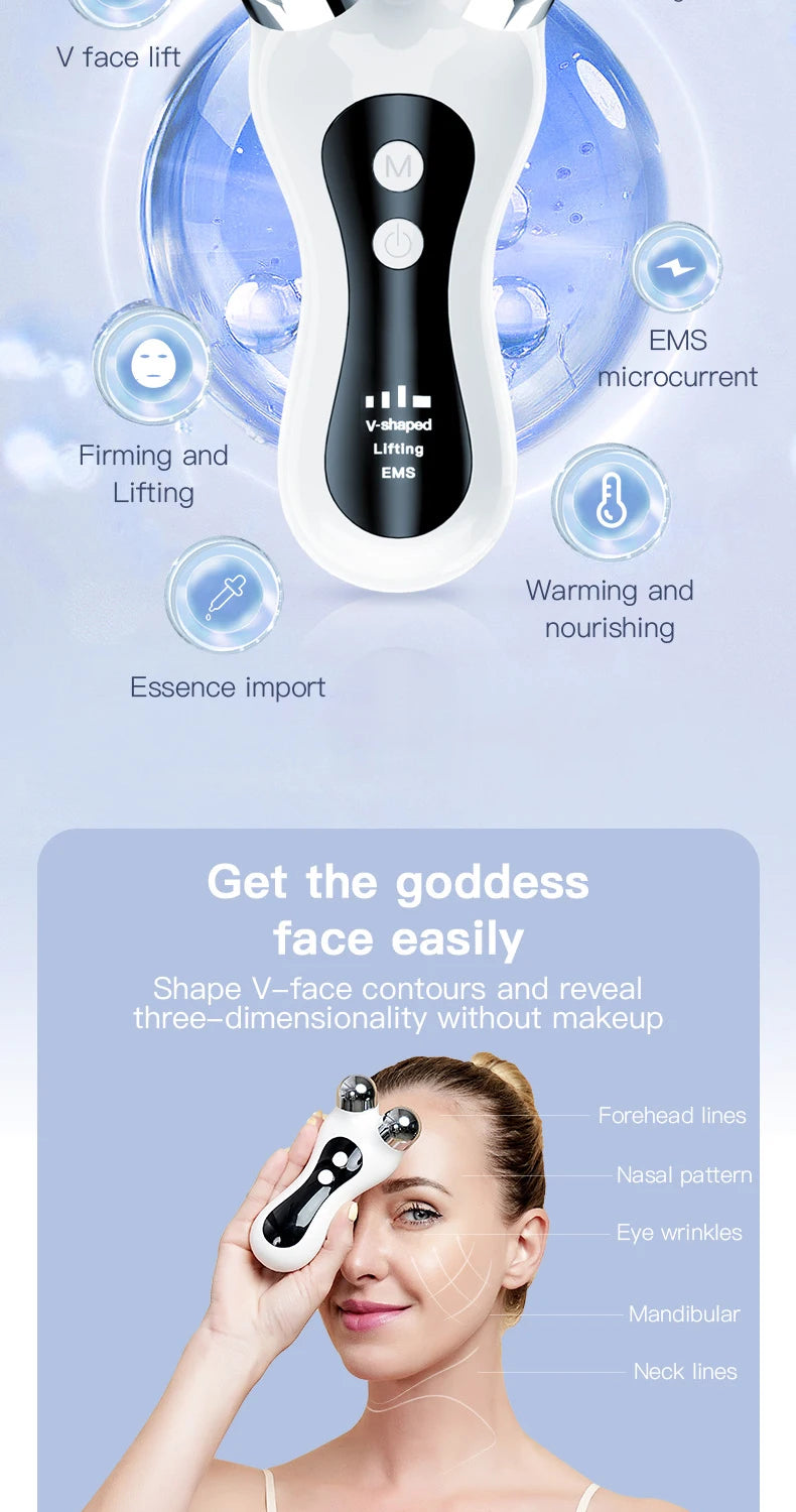Portable Electric V-Face Lift Roller Massager EMS Microcurrent Sonic Vibration Facial Lifting Skin Tighten Massage Beauty Device