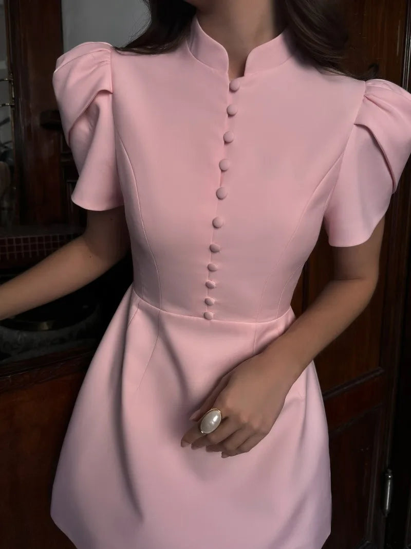 Trendix Button Patchwork Elegant Dress For Women Fashion Pleated Short Sleeve Short Dresses Femme Office Commuter A-Line Dress
