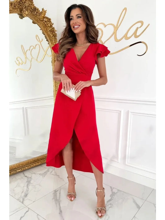 Women's Solid Color Dress Sexy Deep V Neck Short Sleeve Bodycon Package Hips Party Dresses Female Fashion Casual Dress