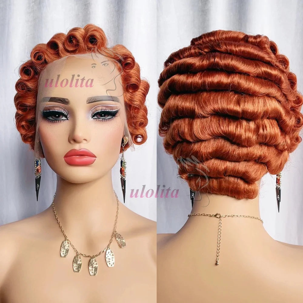 Pixie Cut Wig Short Curly Lace Front Human Hair Wigs For Black Women Raw Indian Finger Wave 13x4 Transparent Lace Frontal Wigs