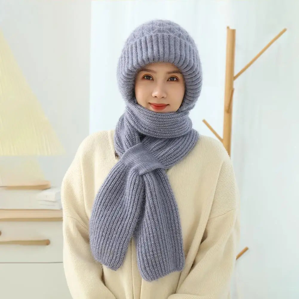 Winter Knitted Integrated Hat Scarf Set Cold Proof Ear Protection Scarf Warm Beanies Cycling Windproof Ladies Outdoor Caps