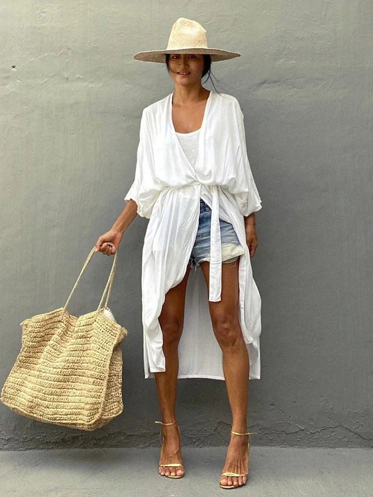 New Boho Beach Kimono Swimwear Women Cotton Holiday Summer Women's Tunic Beachwear Outfits Solid Oversize Cover-Ups
