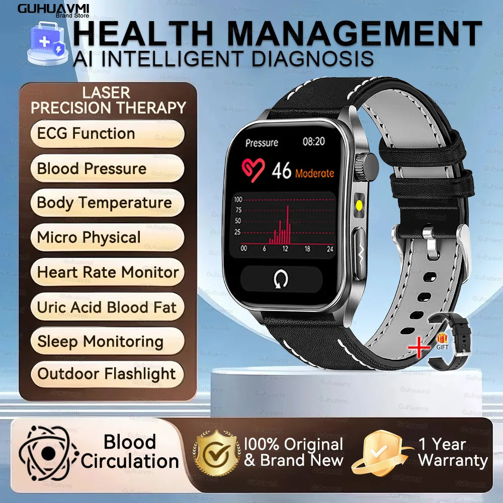 2025 New Mcro Phsical Examination 650nm Laser Therapy ECG Urci Acid Blood Fat Smart Watch Men Blood Pressure Heart Rate Bracelet