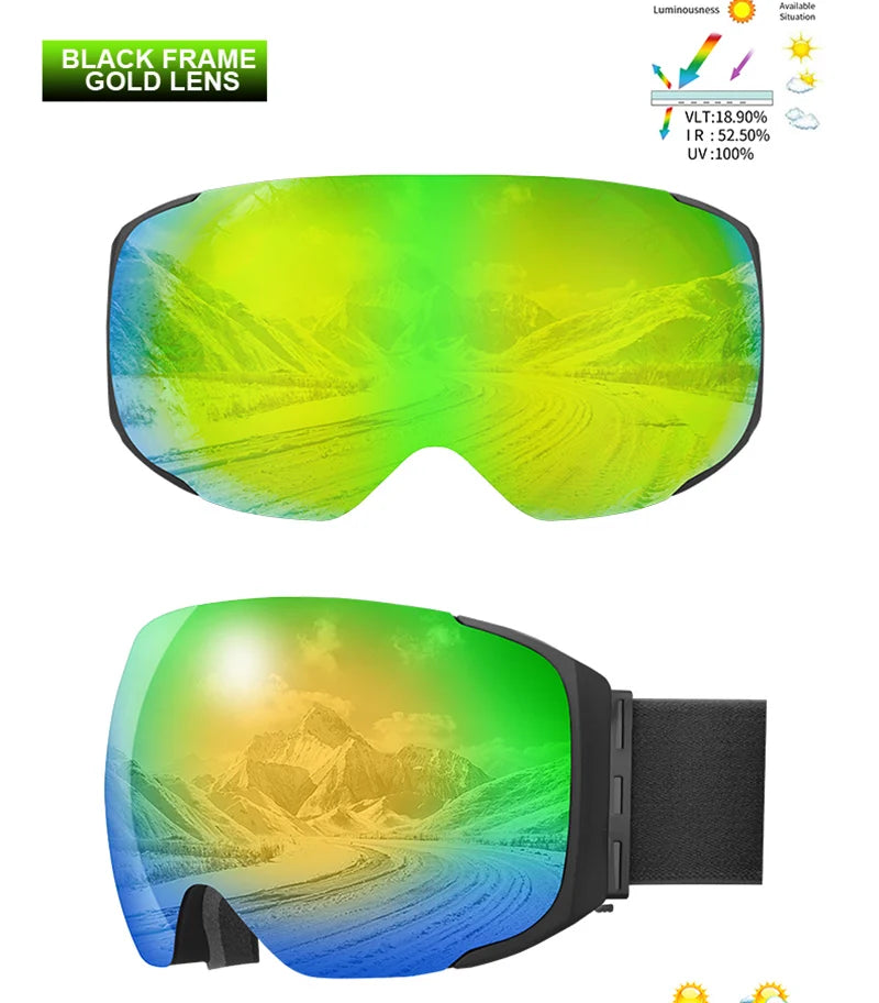 PHMAX Magnetic Ski Goggles UV400 Skiing Eyewear Anti-fog Lens Women Men Winter Outdoor Sports Mountain Snowboard Big Snow Goggle