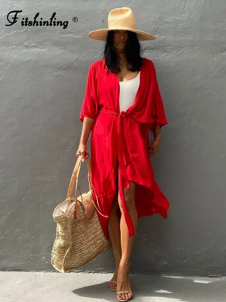 New Boho Beach Kimono Swimwear Women Cotton Holiday Summer Women's Tunic Beachwear Outfits Solid Oversize Cover-Ups