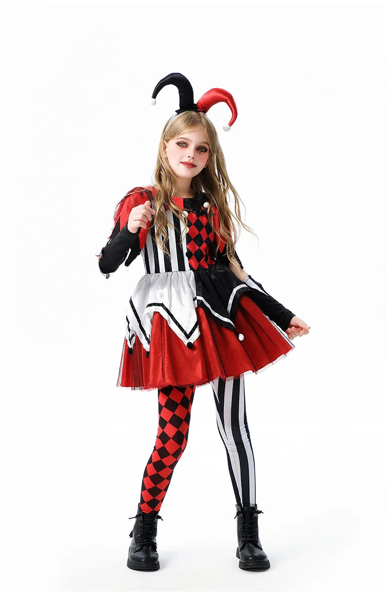 Naughty Girls Clown Costume Kids Circus Scary Tutu Dress Halloween Cosplay Costumes Carnival Party Jester Dress Up Full Set