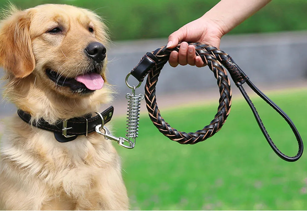 Strong Durable Real Leather Large Dog Leash with No Pull Buffer Spring Leather Braided Dog Training Leash Pet Leads Dog Chain