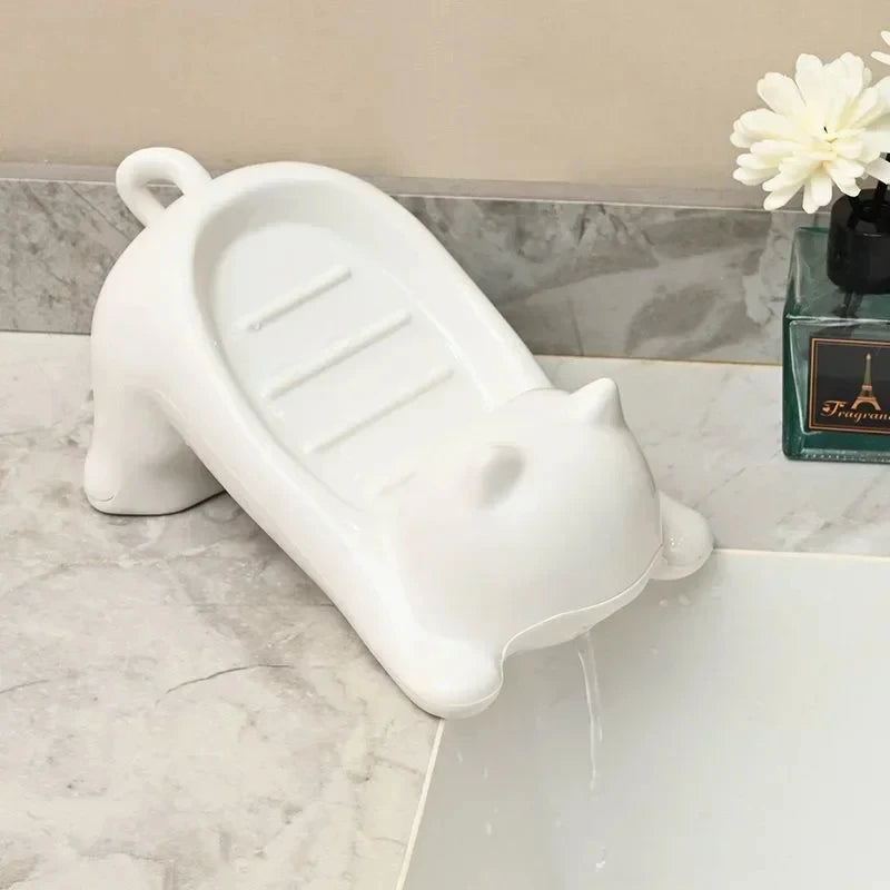 Kawaii White Cat Soap Drain Rack Kitchen Sponge Storage Rack Bathroom Soap Holder Non-slip Container Cute Home Organizer
