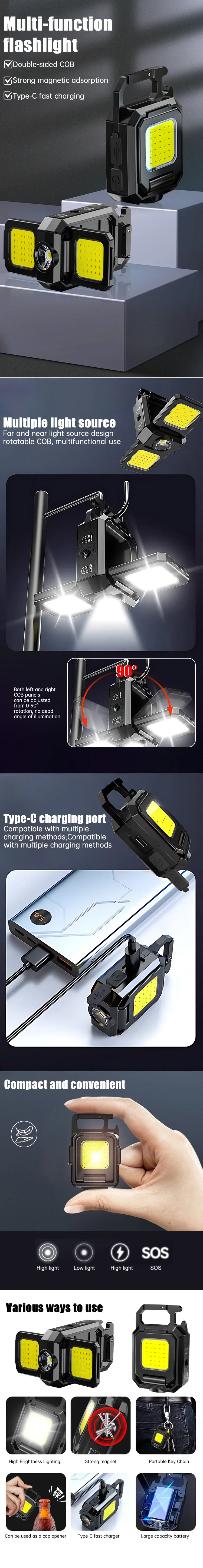 Mini LED Flashlight 1000LM USB Rechargeable COB Work Lights IPX4 Waterproof Keychain Light Lantern for Outdoor Camping Hiking