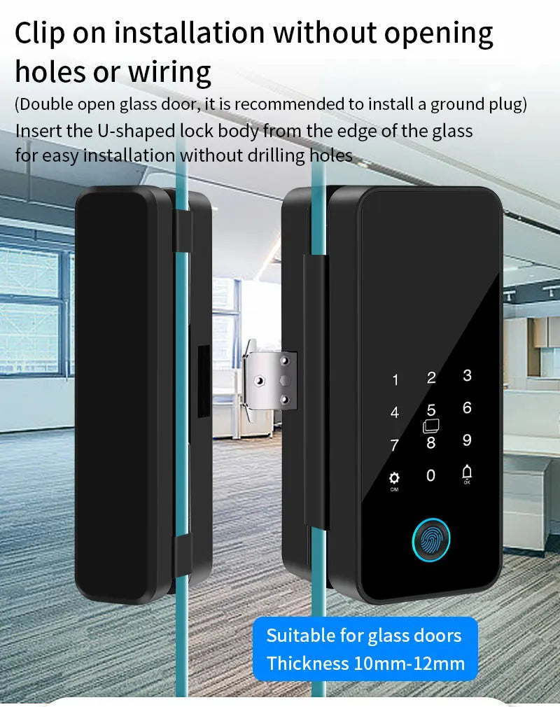 Tuya APP Glass Door Fingerprint Lock Bluetooth Smart Biometric Electronic Office Glass Door Lock 13.56Mhz RFID IC Keyless Unlock