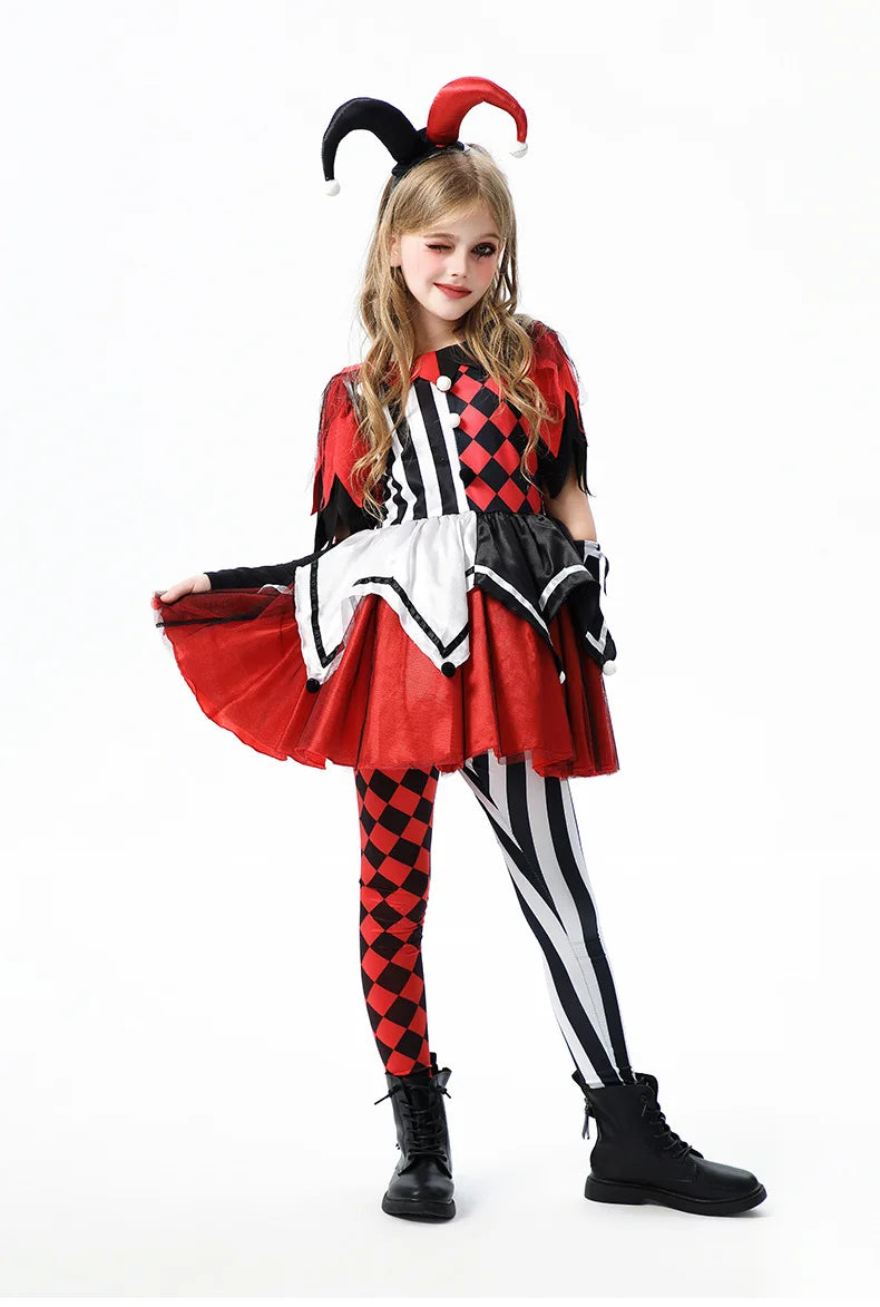 Naughty Girls Clown Costume Kids Circus Scary Tutu Dress Halloween Cosplay Costumes Carnival Party Jester Dress Up Full Set