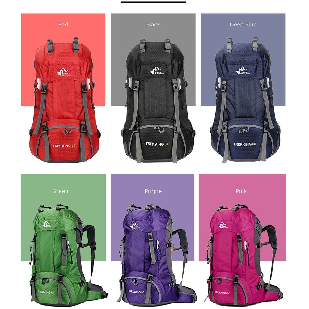 60L Camping Hiking Backpacks Men Outdoor Tourist Backpacks Nylon Sport Bag for Climbing Travelling with Rain Cover Free Knight