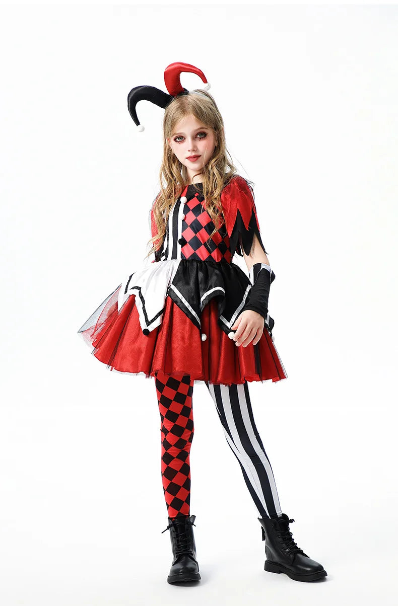 Naughty Girls Clown Costume Kids Circus Scary Tutu Dress Halloween Cosplay Costumes Carnival Party Jester Dress Up Full Set