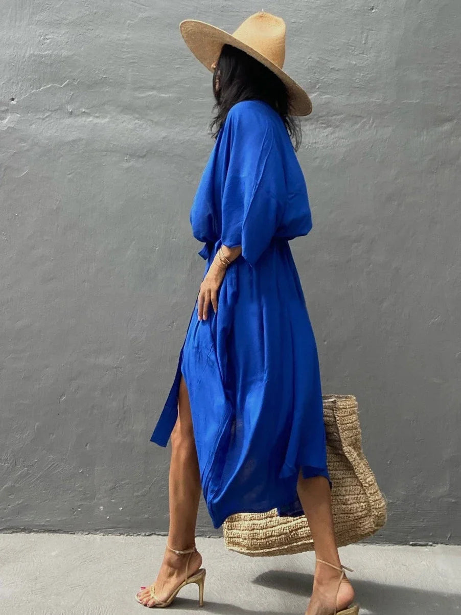 New Boho Beach Kimono Swimwear Women Cotton Holiday Summer Women's Tunic Beachwear Outfits Solid Oversize Cover-Ups