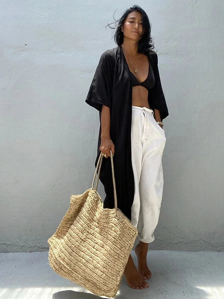 New Boho Beach Kimono Swimwear Women Cotton Holiday Summer Women's Tunic Beachwear Outfits Solid Oversize Cover-Ups