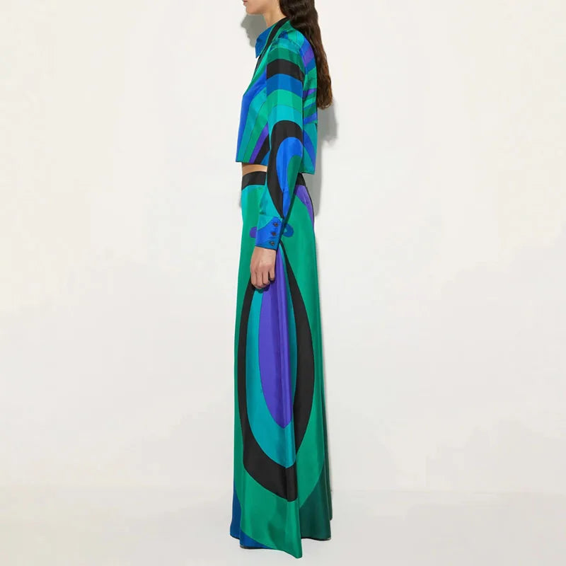 Vintage Geometric Print Satin Elegant Women's Sets Spring Button Polo Neck Shirt & Wide Leg Pants Outfit Long Sleeve Autumn Suit