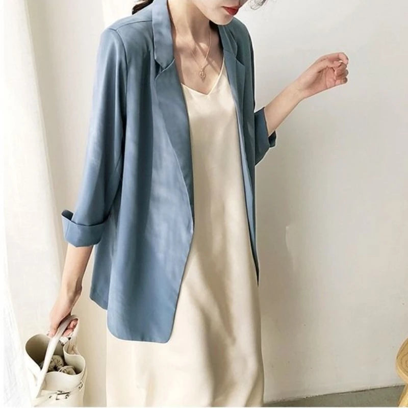 Spring Women Thin Blazers Sun Protection Suit 2025 Female Summer Black Blazer Three Quarter Sleeves OL Slim Coats Ladies Tops