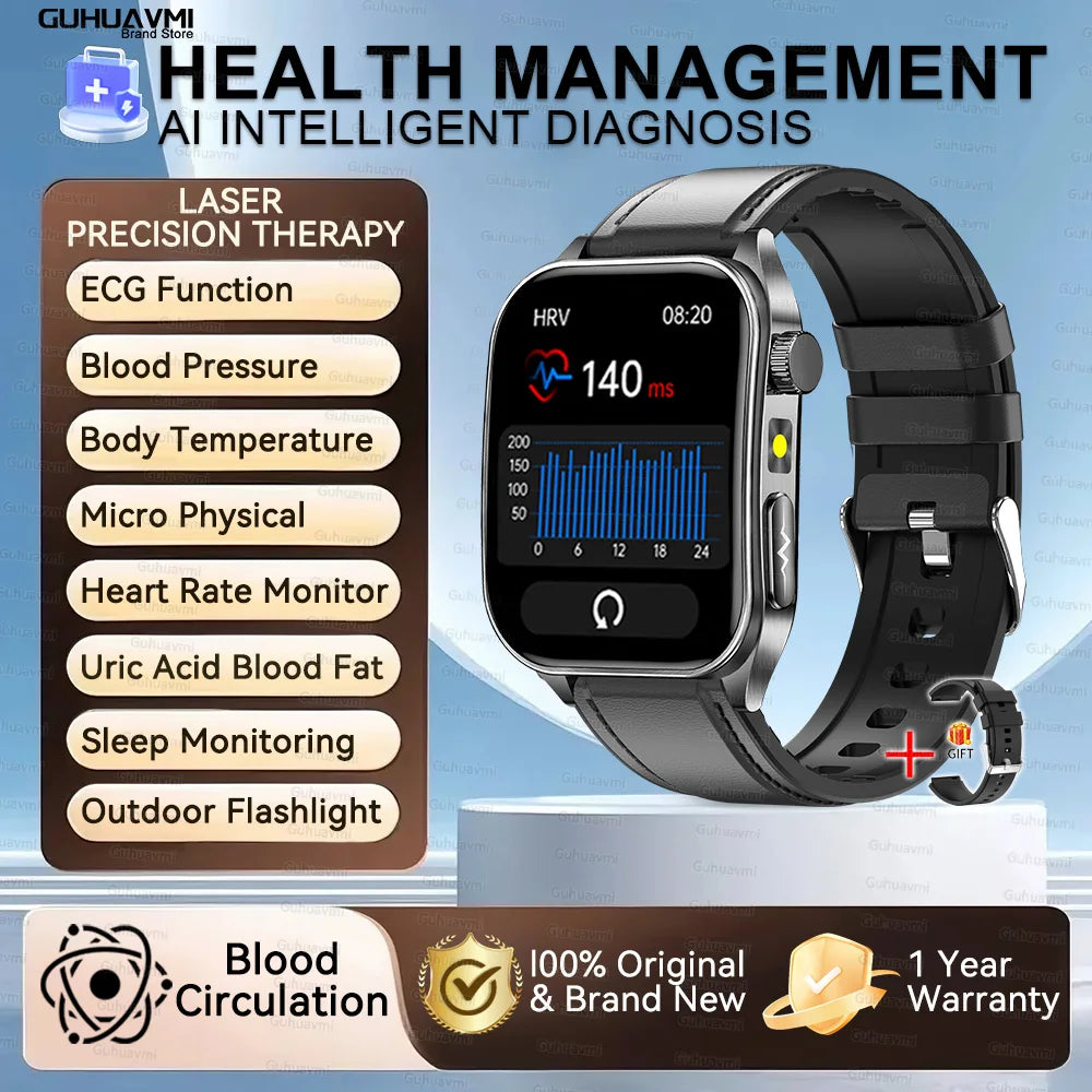 2025 New Mcro Phsical Examination 650nm Laser Therapy ECG Urci Acid Blood Fat Smart Watch Men Blood Pressure Heart Rate Bracelet