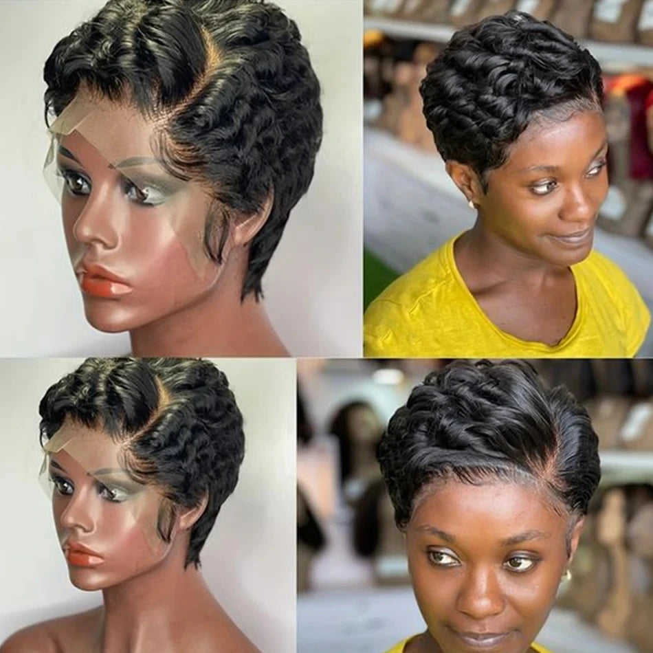 Pixie Cut Wig Short Curly Lace Front Human Hair Wigs For Black Women Raw Indian Finger Wave 13x4 Transparent Lace Frontal Wigs