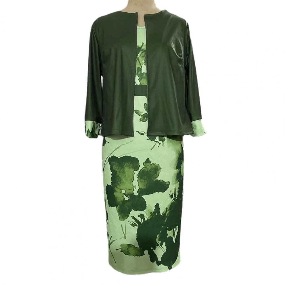 2 Pcs/Set Women Coat Dress Suits Set Floral Print Sheath Midi Dress Open Stitch Dress Suit Jacket Women Outfit Set