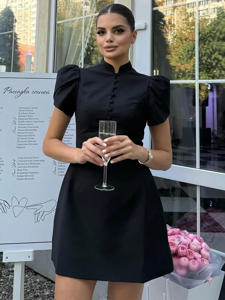 Trendix Button Patchwork Elegant Dress For Women Fashion Pleated Short Sleeve Short Dresses Femme Office Commuter A-Line Dress