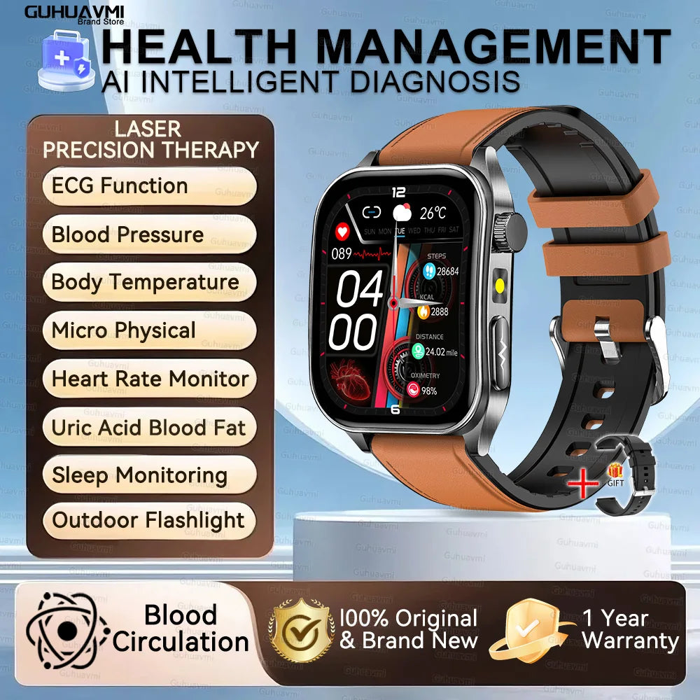 2025 New Mcro Phsical Examination 650nm Laser Therapy ECG Urci Acid Blood Fat Smart Watch Men Blood Pressure Heart Rate Bracelet
