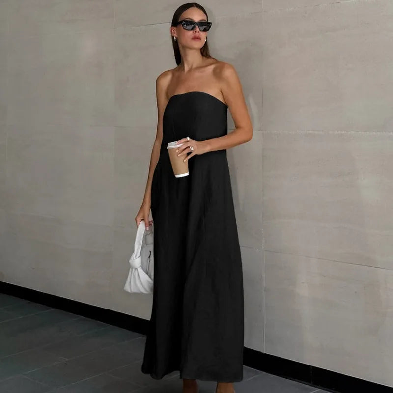 Minimalist Cotton Linen Design Strapless Dress Summer Women's Personal Street Elastic Backless Pocket Vacation Beach Dress