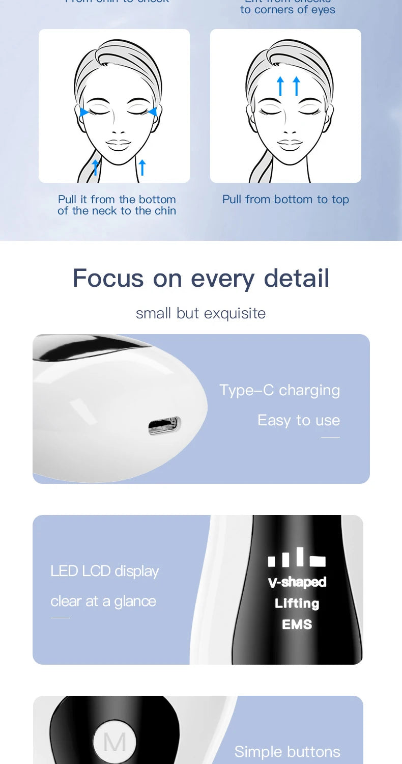 Portable Electric V-Face Lift Roller Massager EMS Microcurrent Sonic Vibration Facial Lifting Skin Tighten Massage Beauty Device
