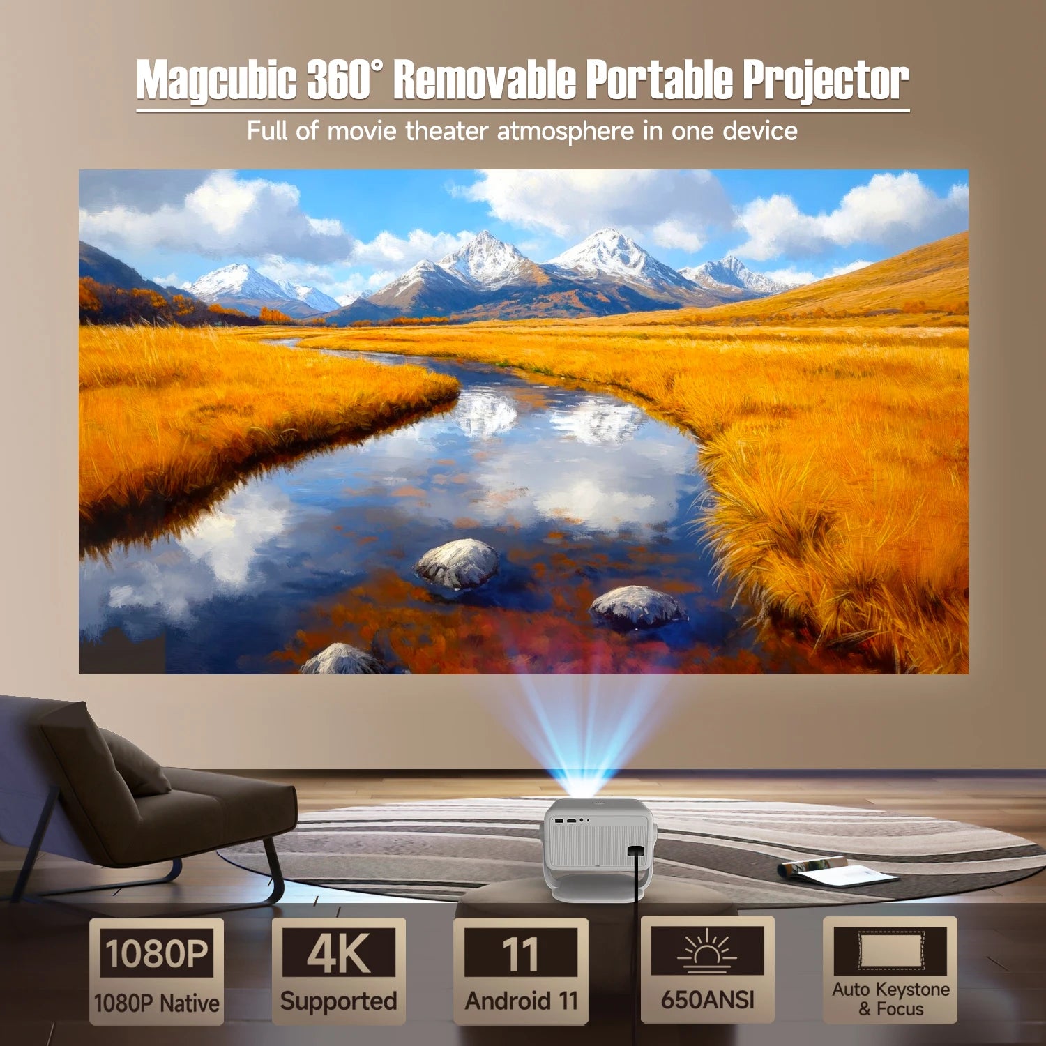 Magcubic 650ANSI L018 Projector 4K Native 1080P Auto Focus & Keystone Correction Android11 BT5.2 WIFI6 360° Portable Home CinemaGoWisse.com