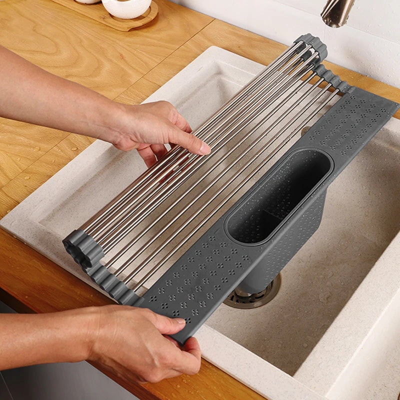 Kitchen Rolling Dish Drainer Roll Up Dish Drying Rack Over The Sink kitchen accessories,storage organization Foldable bowl shelf