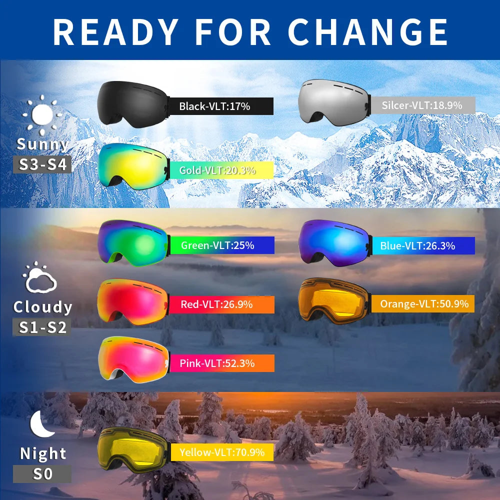Snowboard Ski Goggles for Men Women UV400 Protection Anti-Fog Ski Glasses Ski Mask Big Face Snow Glasses Skiing Eyewear