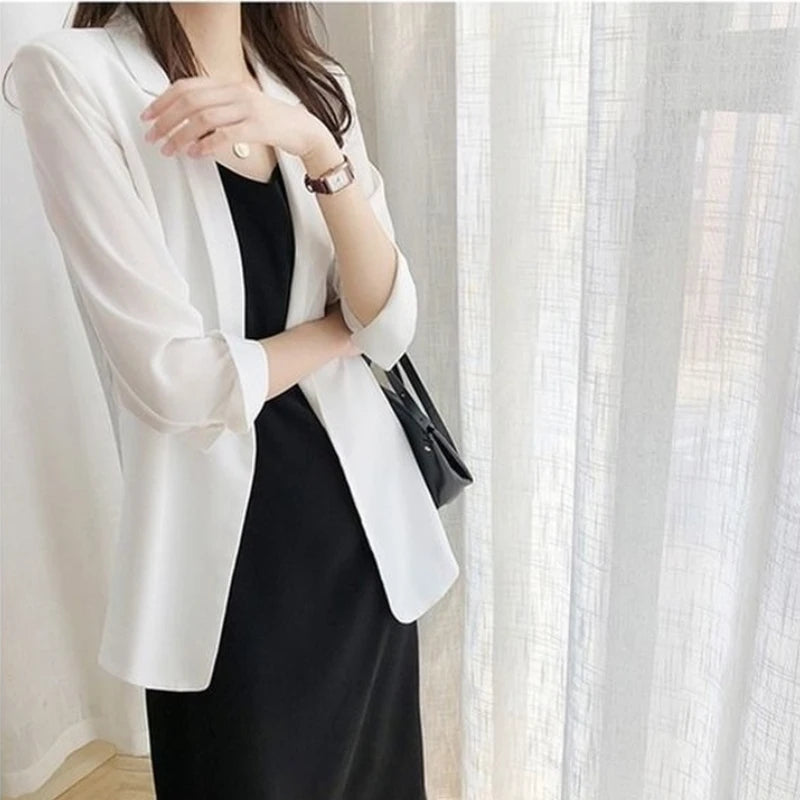 Spring Women Thin Blazers Sun Protection Suit 2025 Female Summer Black Blazer Three Quarter Sleeves OL Slim Coats Ladies Tops