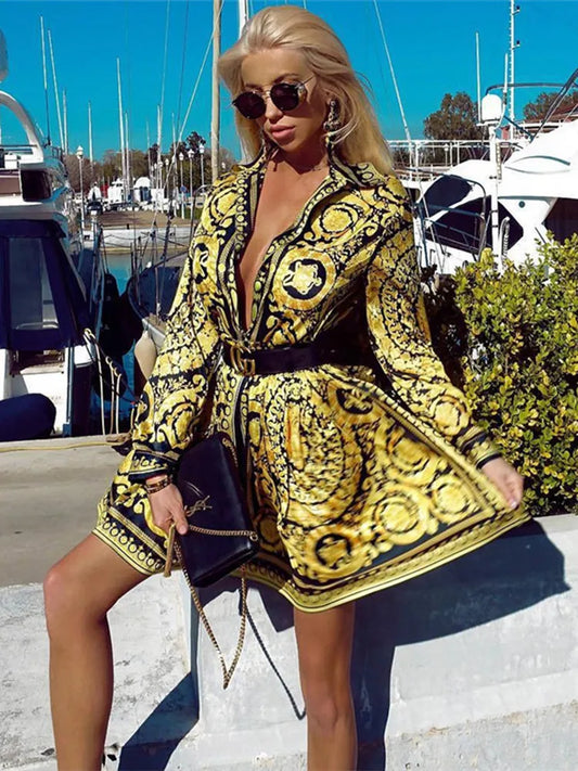 Elegant Printed Shirt Dress Women Vintage Long Sleeve Party Dress Mini Short Autumn Dresses Streetwear Winter Clothing Women